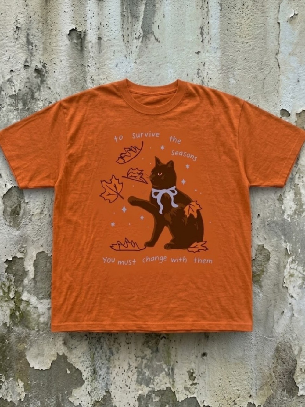 Autumn Black Cat Falling Leaves Graphic T-Shirt Gildan 5000 Heavy Cotton Tee - Picture 2 of 4